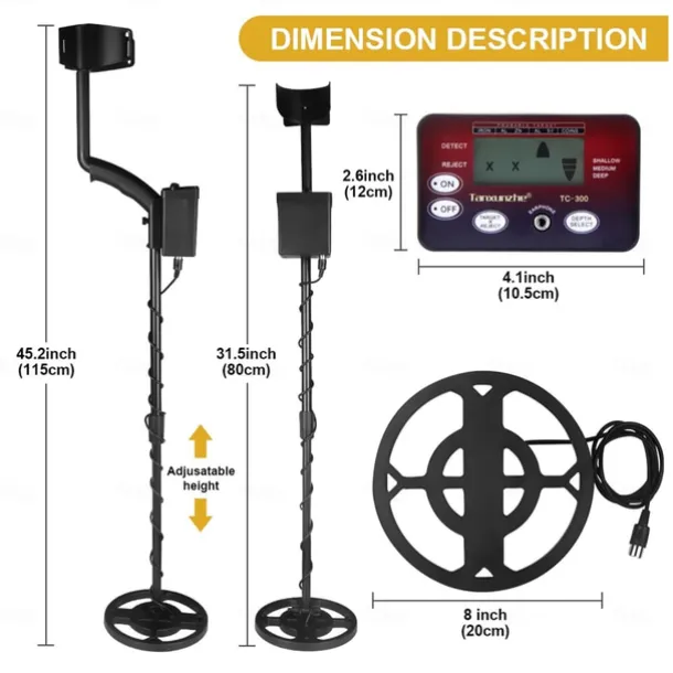 Metal Detector, TC-300 Underground Metal Detector Gold Detectors Treasure Finder Detector Circuit Metales High Sensitivity Waterproof Lightweight(TC-300)