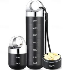 Metal Travel Pill Organizer, Portable Waterproof Weekly Pill Box, Large Aluminum Alloy Pill Case Container, BPA Free 7 Day Daily Medicine Organizer Holder for Vitamin, Fish Oil, Supplement