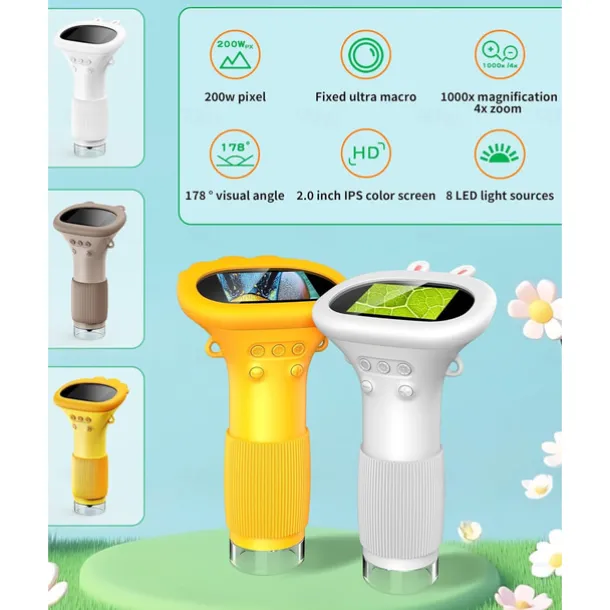 Microscope for Kids, Educational Science Kit Toys Portable Handheld Magnifying Glass, Macro Fixed Focus Digital Kid Microscopes Up to 1000x Magnification,4X Zoom, Interactive Learning