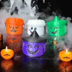 Mini Boo Bucket Halloween Decorations - Retro Plastic Trick-or-Treat Pails with Jack-O'-Lantern Faces, Orange, Purple, Green, Beige - Perfect for Candy, Snacks, and Home Decor, Halloween Decorations S
