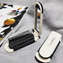 Mini Folding Hair Brush with Mirror - Portable Anti-Static Massage Comb for Travel, Head Massage, and Female Hair Care