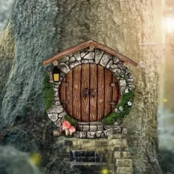 Miniature Fairy Gnome Door Figurines Elf Home For Yard Art Garden Tree Sculpture Decor Statues Decor Fairy Outdoor Garden