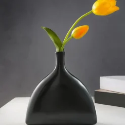 Minimalist Half-Oval Decorative Vase, Black and White Solid Color Tabletop Flower Vase, Modern Indoor Home Decor and Floral Arrangement Container