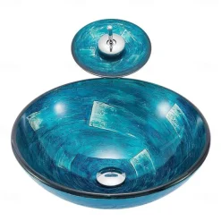 Minimalist Mediterranean Wind Round Basin Tempered Glass Wash Basin With Waterfall Faucet Basin Support Drainer