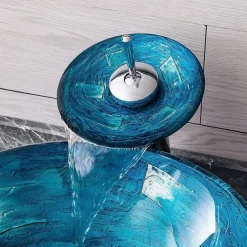 Minimalist Mediterranean Wind Round Basin Tempered Glass Wash Basin With Waterfall Faucet Basin Support Drainer