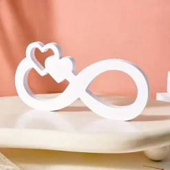 Minimalist White Infinity Symbol with Heart Decor – PVC Tabletop Ornament for Home Decoration, Festive Decor, and Warm Wedding Theme Display
