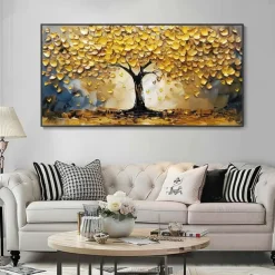 Mintura Handmade 3D Gold Tree Oil Paintings On Canvas Wall Art Decoration Modern Abstract Landscape Picture For Home Decor Rolled Frameless Unstretched Painting