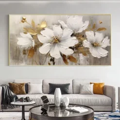 Mintura Handmade Gold Floral Oil Paintings On Canvas Large Wall Art Decoration Modern Abstract White Flower Picture For Home Decor Rolled Frameless Unstretched Painting