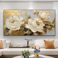 Mintura Handmade Gold Floral Oil Paintings On Canvas Large Wall Art Decoration Modern Abstract White Flower Picture For Home Decor Rolled Frameless Unstretched Painting