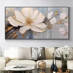 Mintura Handmade Gold Floral Oil Paintings On Canvas Large Wall Art Decoration Modern Abstract White Flower Picture For Home Decor Rolled Frameless Unstretched Painting