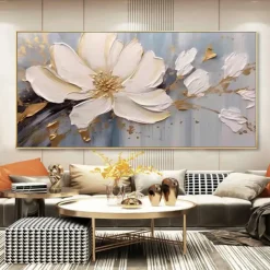 Mintura Handmade Gold Floral Oil Paintings On Canvas Large Wall Art Decoration Modern Abstract White Flower Picture For Home Decor Rolled Frameless Unstretched Painting