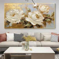Mintura Handmade Gold Floral Oil Paintings On Canvas Large Wall Art Decoration Modern Abstract White Flower Picture For Home Decor Rolled Frameless Unstretched Painting