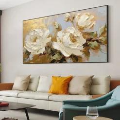 Mintura Handmade Gold Floral Oil Paintings On Canvas Large Wall Art Decoration Modern Abstract White Flower Picture For Home Decor Rolled Frameless Unstretched Painting