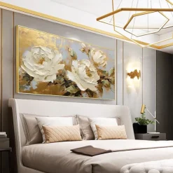 Mintura Handmade Gold Floral Oil Paintings On Canvas Large Wall Art Decoration Modern Abstract White Flower Picture For Home Decor Rolled Frameless Unstretched Painting