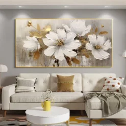 Mintura Handmade Gold Floral Oil Paintings On Canvas Large Wall Art Decoration Modern Abstract White Flower Picture For Home Decor Rolled Frameless Unstretched Painting