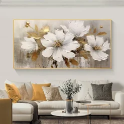 Mintura Handmade Gold Floral Oil Paintings On Canvas Large Wall Art Decoration Modern Abstract White Flower Picture For Home Decor Rolled Frameless Unstretched Painting