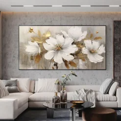 Mintura Handmade Gold Floral Oil Paintings On Canvas Large Wall Art Decoration Modern Abstract White Flower Picture For Home Decor Rolled Frameless Unstretched Painting