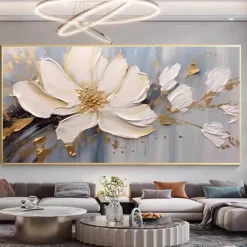Mintura Handmade Gold Floral Oil Paintings On Canvas Large Wall Art Decoration Modern Abstract White Flower Picture For Home Decor Rolled Frameless Unstretched Painting