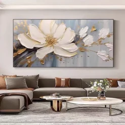 Mintura Handmade Gold Floral Oil Paintings On Canvas Large Wall Art Decoration Modern Abstract White Flower Picture For Home Decor Rolled Frameless Unstretched Painting