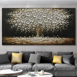 Mintura Handmade Tree Flower Oil Paintings On Canvas Wall Art Decoration Modern Abstract Gold Silver Tree Pictures For Home Decor Rolled Frameless Unstretched Painting