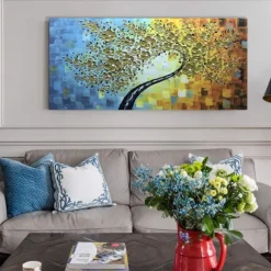 Mintura Handmade Tree Flower Oil Paintings On Canvas Wall Art Decoration Modern Abstract Gold Silver Tree Pictures For Home Decor Rolled Frameless Unstretched Painting