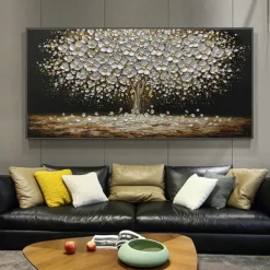 Mintura Handmade Tree Flower Oil Paintings On Canvas Wall Art Decoration Modern Abstract Gold Silver Tree Pictures For Home Decor Rolled Frameless Unstretched Painting
