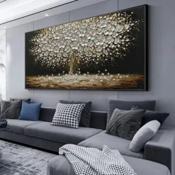 Mintura Handmade Tree Flower Oil Paintings On Canvas Wall Art Decoration Modern Abstract Gold Silver Tree Pictures For Home Decor Rolled Frameless Unstretched Painting