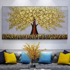 Mintura Handmade Tree Flower Oil Paintings On Canvas Wall Art Decoration Modern Abstract Gold Silver Tree Pictures For Home Decor Rolled Frameless Unstretched Painting