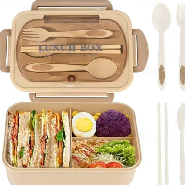 1000ML Lunch Box with Tableware for Office Workers, Square Divided Microwave Oven Bento Box, Leakproof Food Container, Back School Home Kitchen Supplies