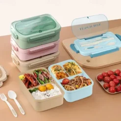 1000ML Lunch Box with Tableware for Office Workers, Square Divided Microwave Oven Bento Box, Leakproof Food Container, Back School Home Kitchen Supplies