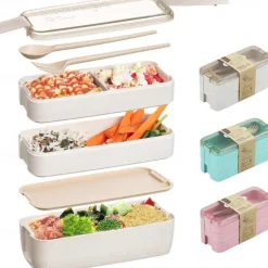 900ml Portable Lunch Box 3 Layer Wheat Straw Bento Boxes Microwave Dinnerware Food Storage Container Foodbox 1set