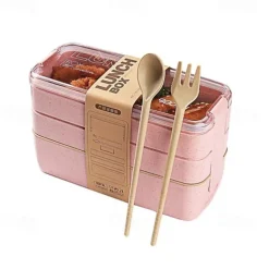 900ml Portable Lunch Box 3 Layer Wheat Straw Bento Boxes Microwave Dinnerware Food Storage Container Foodbox 1set