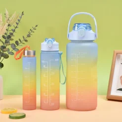 2000ML/900ML/300ML 3PCS Frosted Gradient Plastic Cup Large Capacity Portable Straw Cup With Handle Outdoor Travel Gradient Color Graduated Frosted Water Bottle Sports Bottle Straw Cup