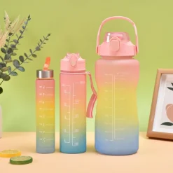 2000ML/900ML/300ML 3PCS Frosted Gradient Plastic Cup Large Capacity Portable Straw Cup With Handle Outdoor Travel Gradient Color Graduated Frosted Water Bottle Sports Bottle Straw Cup