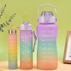 2000ML/900ML/300ML 3PCS Frosted Gradient Plastic Cup Large Capacity Portable Straw Cup With Handle Outdoor Travel Gradient Color Graduated Frosted Water Bottle Sports Bottle Straw Cup