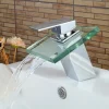 Modern Chrome Glass Waterfall Bathroom Basin Single Handle One Hole Bath Taps with Hot and Cold Water Switch