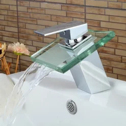 Modern Chrome Glass Waterfall Bathroom Basin Single Handle One Hole Bath Taps with Hot and Cold Water Switch