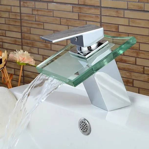 Modern Chrome Glass Waterfall Bathroom Basin Single Handle One Hole Bath Taps with Hot and Cold Water Switch