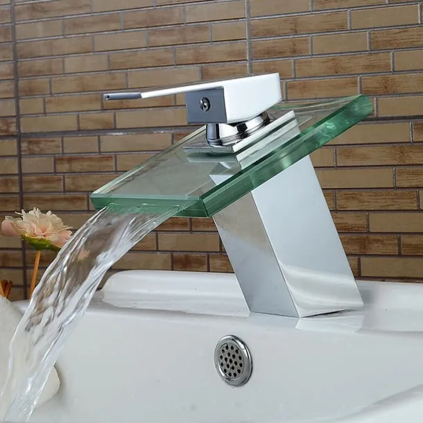 Modern Chrome Glass Waterfall Bathroom Basin Single Handle One Hole Bath Taps with Hot and Cold Water Switch