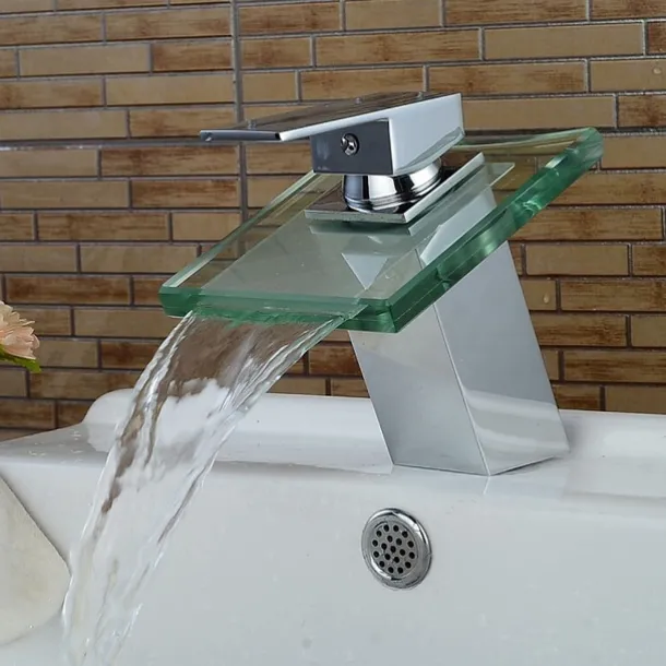 Modern Chrome Glass Waterfall Bathroom Basin Single Handle One Hole Bath Taps with Hot and Cold Water Switch
