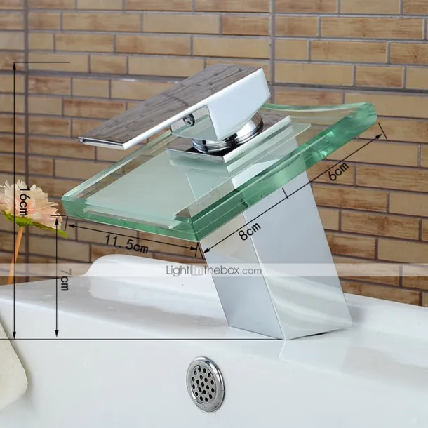 Modern Chrome Glass Waterfall Bathroom Basin Single Handle One Hole Bath Taps with Hot and Cold Water Switch