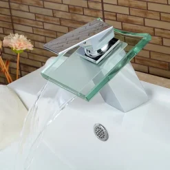 Modern Chrome Glass Waterfall Bathroom Basin Single Handle One Hole Bath Taps with Hot and Cold Water Switch