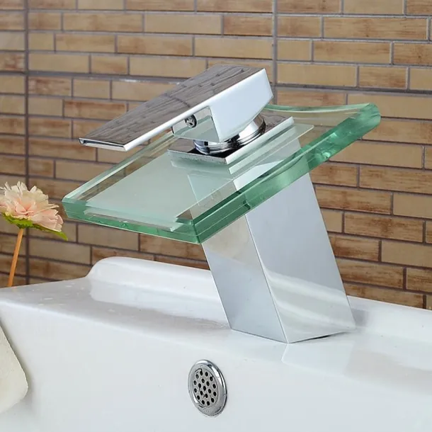 Modern Chrome Glass Waterfall Bathroom Basin Single Handle One Hole Bath Taps with Hot and Cold Water Switch