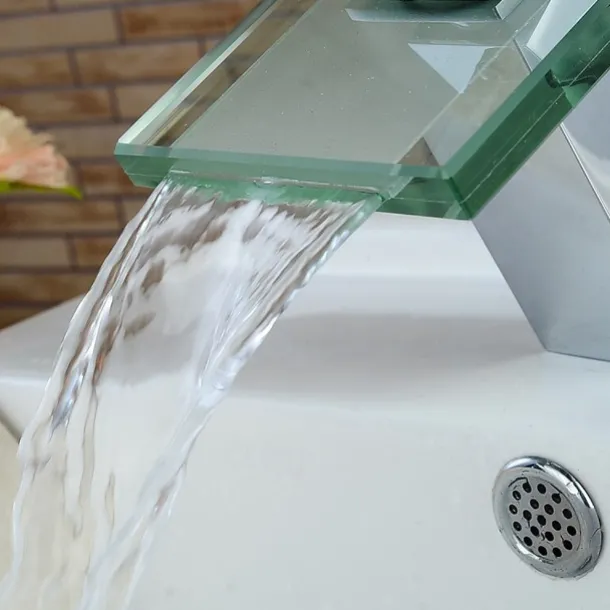 Modern Chrome Glass Waterfall Bathroom Basin Single Handle One Hole Bath Taps with Hot and Cold Water Switch