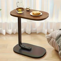 Modern C-Shaped Sofa Side Table & Coffee Table - Durable Wood & Iron Construction, 4 Colors (Walnut/Oak/Black/White) - Sturdy Frame for Living Room, Bedroom, RV & Balcony Decor