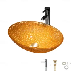 Modern Luxury Art Orange Oval Die Cast Glass Wash Basin With Faucet, Basin Holder And Drain