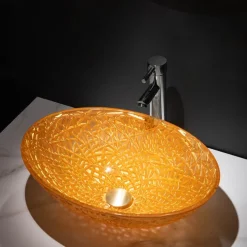Modern Luxury Art Orange Oval Die Cast Glass Wash Basin With Faucet, Basin Holder And Drain