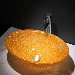 Modern Luxury Art Orange Oval Die Cast Glass Wash Basin With Faucet, Basin Holder And Drain