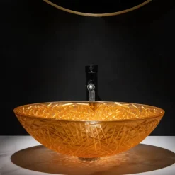 Modern Luxury Art Orange Oval Die Cast Glass Wash Basin With Faucet, Basin Holder And Drain