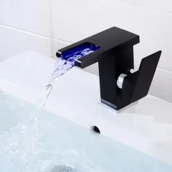 Modern Style Bathroom Sink Faucet LED/Waterfall Electroplated Centerset Single Handle One HoleBath Taps/Bathroom Sink Faucet+ Accessories/Contemporary/Vintage/Yes/Brass